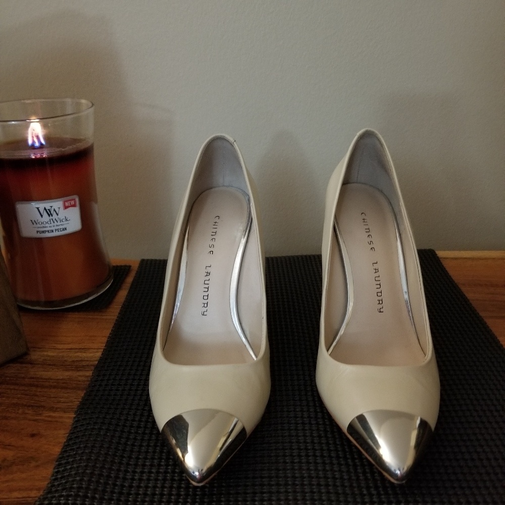 Chinese Laundry cream high heel with silver toe